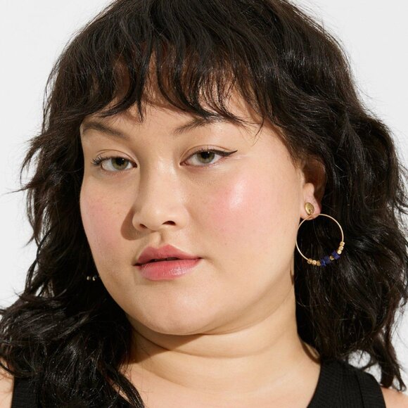 TORRID Gold Front Blue Beaded Hoop Earrings NEW - Picture 2 of 2